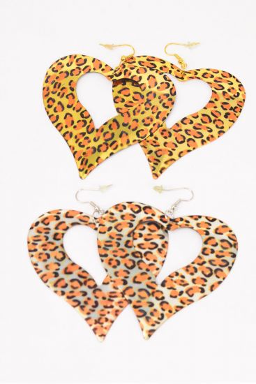 Earrings Metal Heart Leopard Prints gold Silver Mix / 12 pair = Dozen Fish Hook , Size - .5" x 2.5" Wide , 6 Gold , 6 Silver Asst , Earring Card & OPP bag & UPC Code