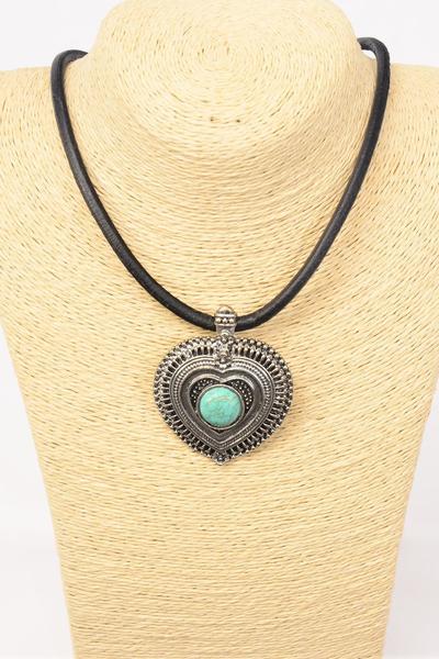Necklace Thick Black Leather Cord w Heart Pendant W Semiprecious Stone/PC Pendant Size-2.5"x 2" Wide,20" Long,Extension Chain,Display Card & OPP Bag & UPC Code -
