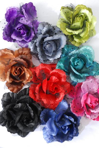 Flower Silk Flower Rose Mesh Black Lace Dark Multi / 12 pcs Flower = Dozen Dark Multi , Size - 5" Wide , Alligator Clip & Brooch , 2 Black , 2 Brown , 2 Red , 2 Teal Blue , 1 Gray , 1 Purple , 1 Blue , 1 Olive Color Mix