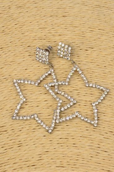 Earrings Rhinestone Silver Star Drop Post / PC Silver , Post , Size - 1.75" x 1.75" Wide , Velvet Earring & OPP Bag & UPC Code