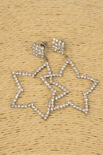 Earrings Rhinestone Star Drop Post / PC Post , Size - 1.75" x 1.75" Wide , Velvet Earring Card & OPP Bag & UPC Code , Choose Gold or Silver Finish