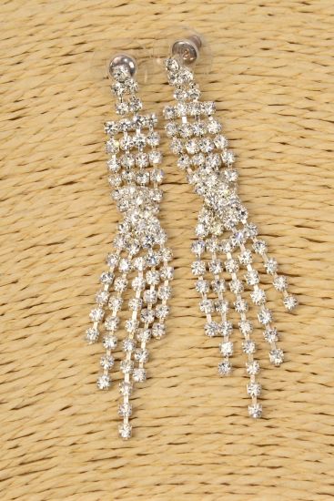 Earrings Boutique Silver Rhinestone Drops / PC Post , Size - 2.5" Long , Earring Card & OPP Bag & UPC Code
