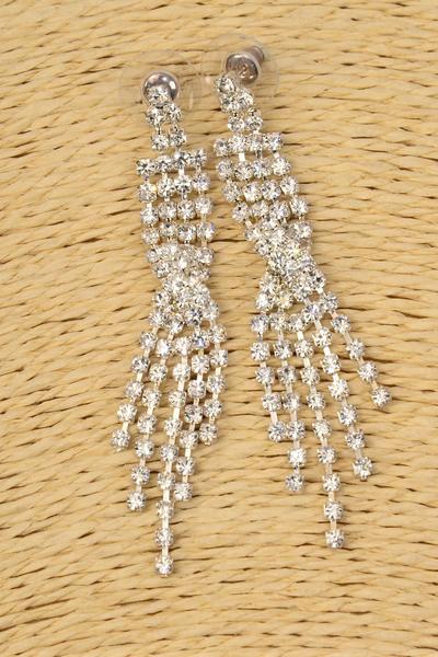 Earrings Boutique Silver Rhinestone Drops / PC Post , Size - 2.5" Long , Earring Card & OPP Bag & UPC Code