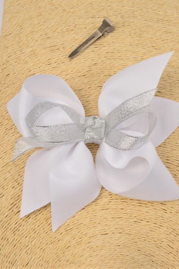 Hair Bow Jumbo Center Silver Metallic Bowtie White Grosgrain Bow-tie / 12 pcs Bow = Dozen  White,  Alligator Clip , Size - 6" x 5" Wide , Clip Strip & UPC Code