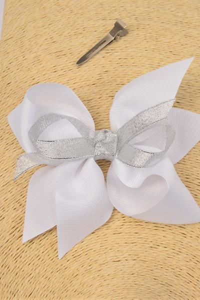 Hair Bow Jumbo Center Silver Metallic Bowtie White Grosgrain Bow-tie / 12 pcs Bow = Dozen  White,  Alligator Clip , Size - 6" x 5" Wide , Clip Strip & UPC Code