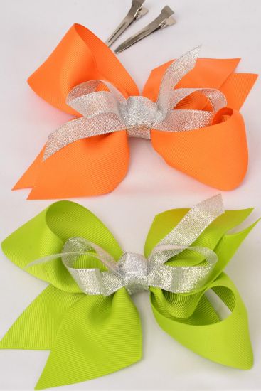Hair Bow Jumbo Center Silver Metallic Bowtie Lime Grosgrain Bow-tie / 12 pcs Bow = Dozen Lime Green , Alligator Clip , Size - 6" x 5" Wide , Clip Strip & UPC Code