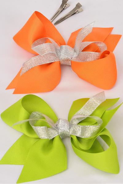 Hair Bow Jumbo Center Silver Metallic Bowtie Orange Grosgrain Bow-tie / 12 pcs Bow = Dozen Orange , Alligator Clip , Size - 6" x 5" Wide , Clip Strip & UPC Code