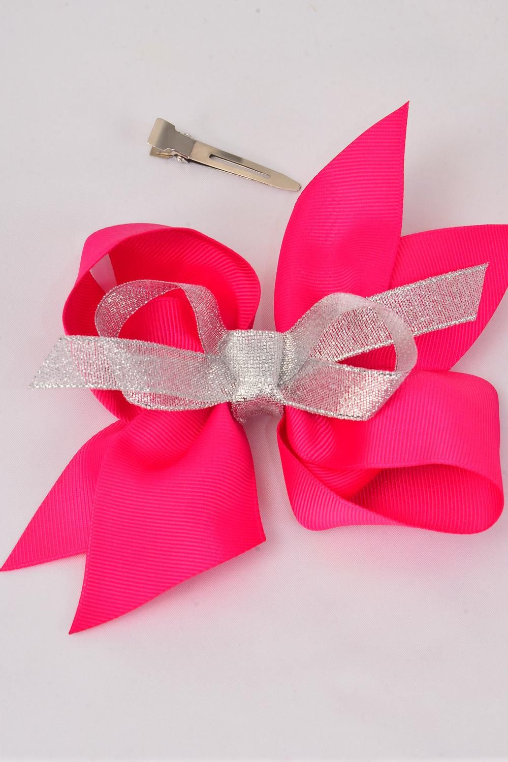 Hair Bow Jumbo Center Silver Metallic Bowtie Grosgrain Fuchsia/DZ