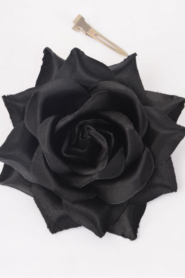 Flower Silk Flower Tea-Rose Large Black / 12 pcs Flower = Dozen Black , Size - 5.5" ,  Alligator Clip & Brooch , Hang Tagd & UPC Code , W Clear Box