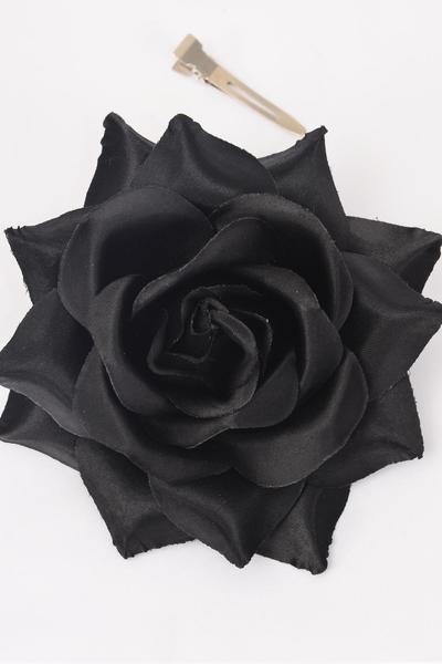 Flower Silk Flower Tea-Rose Large Black / 12 pcs Flower = Dozen Black , Size - 5.5" ,  Alligator Clip & Brooch , Hang Tagd & UPC Code , W Clear Box