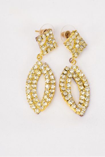 Earrings Rhinestone Teardrop Dangle Gold Post / PC Post , Size - 2.25" x 0.75" Wide , Velvet Earring Card & OPP Bag & UPC Code