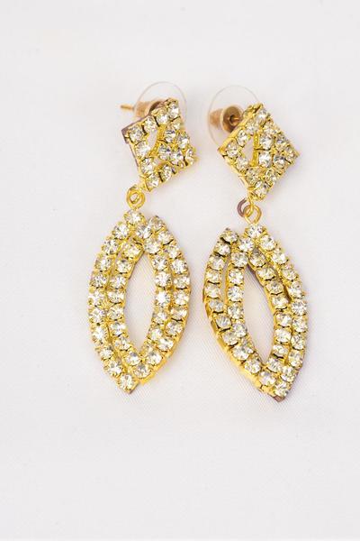 Earrings Boutique Gold Marquis Rhinestone Post / PC Post , Size - 2"x 0.75" Wide , Velvet Earring Card & OPP Bag & UPC Code