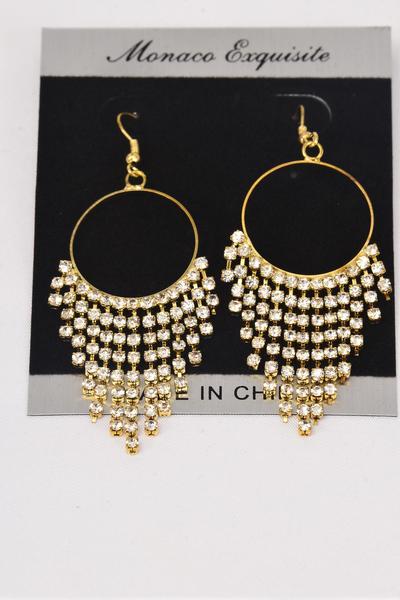 Earrings Circle Drop Rhinestones Fish Hook / PC Fish Hook , Size - 2.5" x 1" Wide , Black Velvet Earring Card & OPP Bag & UPC Code , Choose Gold Or Silver Finish