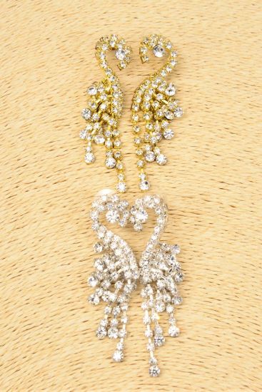 Earrings Rhinestone Cluster Drop Post / PC Post , Size - 2.5" x 1" Wide , Black Velvet Earring Card & OPP Bag & UPC Code , Choose Gold Or Silver Finish