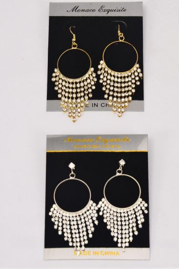 Earrings Circle Drop Rhinestones Fish Hook / PC Fish Hook , Size - 2.5" x 1" Wide , Black Velvet Earring Card & OPP Bag & UPC Code , Choose Gold Or Silver Finish