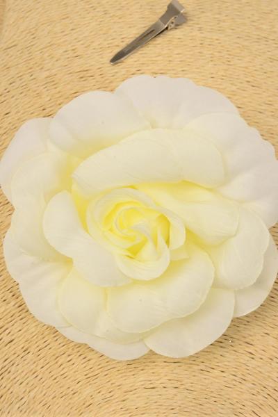 Flower Silk Flower Large Tea Rose Beige / 12 pcs Flower = Dozen   Cream  Beige , Size - 5.5", Alligator Clip & Elastic Pony & Brooch , Display Card & UPC Code , W Clear Box