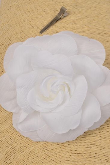 Flower Silk Flower Large Rose White / 12 pcs Flower = Dozen White , Size - 5.5" Wide , Alligator Clip & Elastic Pony & Brooch , Display Card & UPC Code , W Clear Box