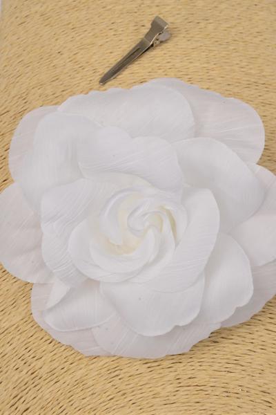 Flower Silk Flower Large Rose White / 12 pcs Flower = Dozen White , Size - 5.5" Wide , Alligator Clip & Elastic Pony & Brooch , Display Card & UPC Code , W Clear Box