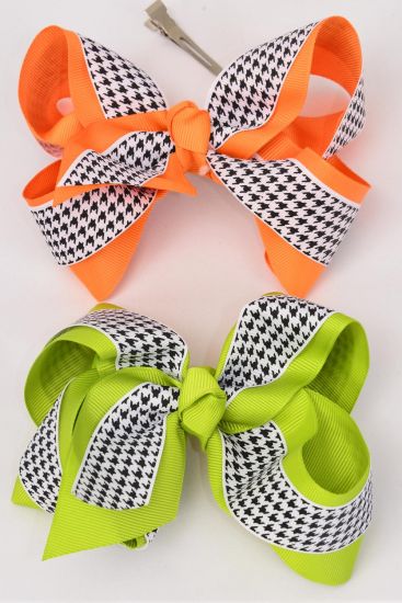 Hair Bow Jumbo Double Layered Center Hound tooth Grosgrain Bow-tie / 12 pcs Bow = Dozen Alligator Clip , Size - 6" x 5" Wide , 6 Orange , 6 Lime Green Asst , Clip Strip and UPC Code