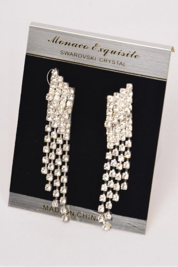 Earrings Silver Rhinestone Drop Post / PC Silver, Post , Size - 2.75" x 0.75" Wide , Black Velvet Earring Card & OPP Bag & UPC Code