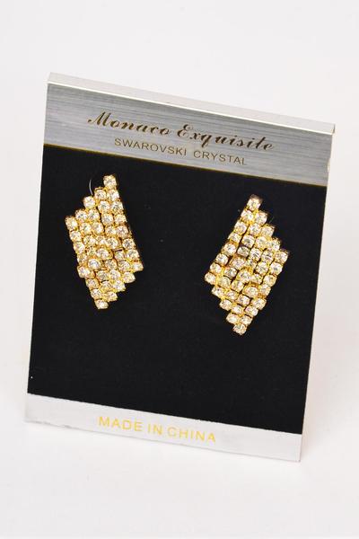 Earrings Diamond Shape Rhinestone Post / PC Post , Size -1.5 " x 0.75" Wide , Velvet Earring Card & OPP Bag & UPC Code , Choose Gold Or Silver Finish