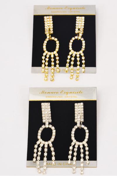 Earring Boutique Oval Rhinestone Drops /PC Post ,Size-3"x 0.75" Wide ,Choose Gold Or Silver Finishes ,Black Velvet Earring Card & OPP Bag & UPC Code