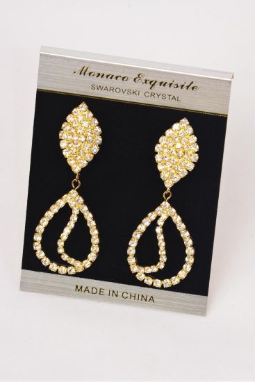 Earrings Rhinestone Teardrop Dangle Gold Post / PC Post , Size - 2.5" x 1" Wide , Black Velvet Earring Card & OPP Bag & UPC Code