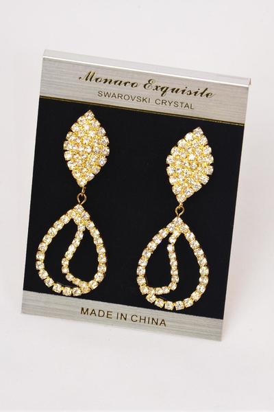 Earrings Rhinestone Teardrop Dangle Post / PC Post , Size - 2.5" x 1" Wide, Black Velvet Earring Card & OPP Bag & UPC Code , Choose Gold Or Silver Finish