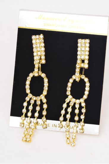 Earrings Oval Rhinestone Drops Gold Post / PC  Gold , Post , Size - 3" x 0.75" Wide , Black Velvet Earring Card & OPP Bag & UPC Code