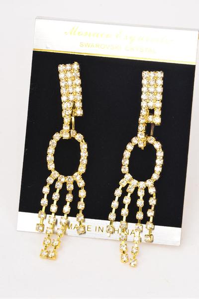 Earrings Oval Rhinestone Drops Post /PC  Post , Size - 2.75" x 0.75" Wide , Black Velvet Earring Card & OPP Bag & UPC Code , Choose Gold Or Silver Finish