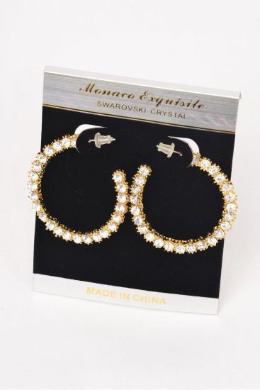 Earrings Gold Hoop Clear Rhinestone / 12 pcs = Dozen Post , Size - 1.25" Wide , Black Velvet Earring Card & OPP Bag & UPC Code