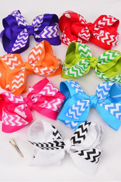 Hair Bow Jumbo Double Layered Chevron Alligator Clip Double Layer Grosgrain Bowtie Multi / 12 pcs Bow = Dozen   Alligator Clip , Bow - 6" x 5" Wide , 2 White , 2 Red , 2 Blue , 2 Fuchsia , 2 Purple , 1 Lime , 1 Orange Color Mix , Clip Strip & UPC Code
