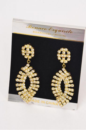 Earrings Rhinestone Drop Gold Post / PC Post , Size - 2.5" x 1" Wide , Black Velvet Earring Card & Opp Bag & UPC Code