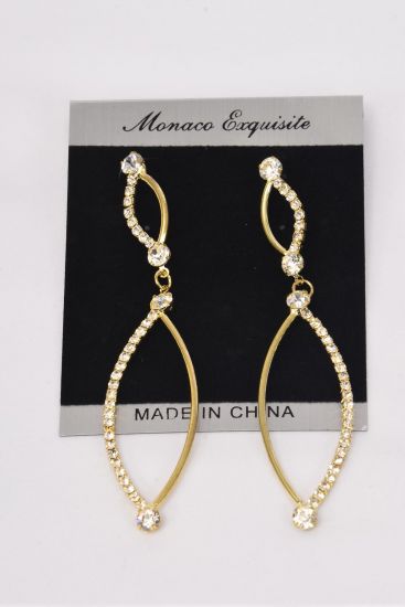 Earrings Drop Rhinestone Gold Post / PC  Gold , Post , Size - 3.25" x 0.75" Wide , Black Velvet Earring Card & OPP Bag & UPC Code