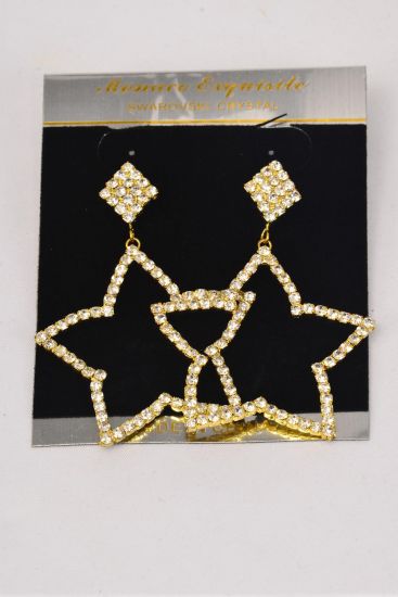 Earrings Rhinestone Gold Star Drop Post / PC Gold , Post , Size - 1.75" x 1.75" Wide , Velvet Earring Card & OPP bag & UPC Code