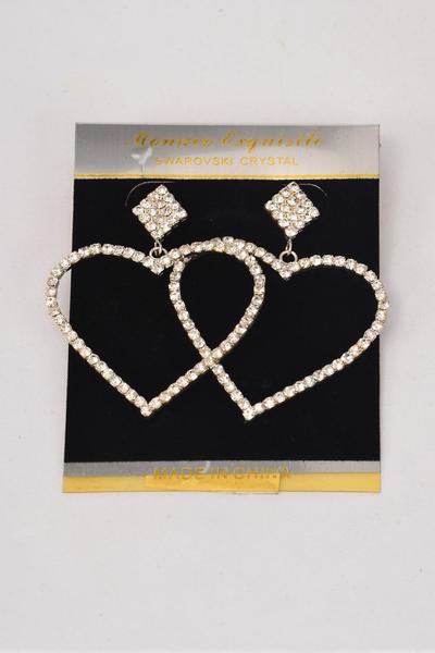 Earrings Boutique Silver Clear Rhinestone Hearts / PC Post , Size- 1.75" x 1.5" Wide , Velvet Earring Card & Opp Bag & UPC Code 
