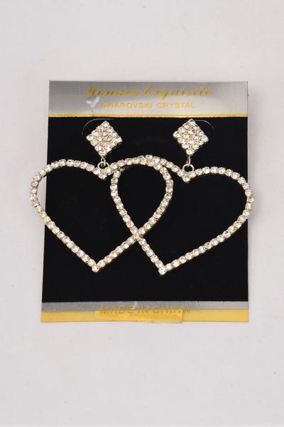 Earrings Hearts Silver Clear Rhinestone / PC Post , Size - 1.5" x 1.25" Wide , Velvet Earring Card & Opp Bag & UPC Code 
