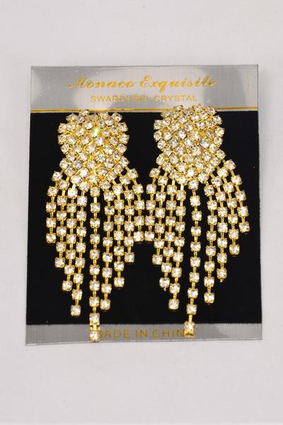 Earrings Rhinestone Cluster Heart Drop Post / 12 pair = Dozen Post , Size - 2.75" x 1.25"Wide ,  w Black Velvet Earring Card & OPP Bag & UPC Code , Choose Gold Or Silver Finish