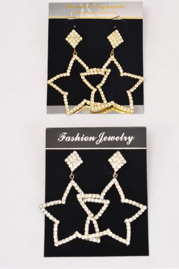 Earrings Rhinestone Star Drop Post / PC Post , Size - 1.75" x 1.75" Wide , Velvet Earring Card & OPP Bag & UPC Code , Choose Gold or Silver Finish