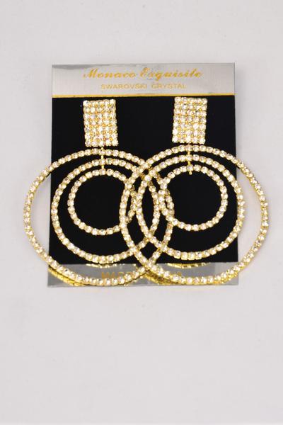 Earrings Triple Round Dangle Rhinestones Post / PC Post , Size - 3" x 2" Wide , Velvet Earring Card & OPP Bag & UPC Code  , Choose Gold or Silver Finish