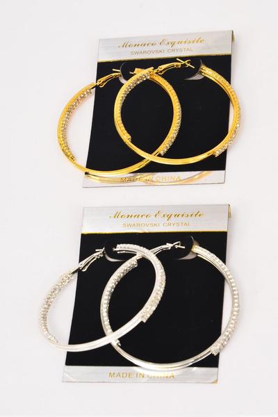 Earrings Hoop Rhinestone Post / 12 Pair = Dozen Post , Size - 2.25" Wide , Black Velvet Earring Card & OPP bag & UPC Code , Choose Gold or Silver Finish 