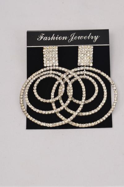 Earrings Triple Round Dangle Rhinestones Post / PC Post , Size - 3" x 2" Wide , Velvet Earring Card & OPP Bag & UPC Code  , Choose Gold or Silver Finish