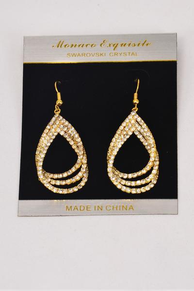 Earrings Teardrop Rhinestone Fish Hook / PC Fish Hook , Size - 1.5" x 1" Wide , Earring Card & OPP Bag & UPC Code , Choose Gold or Silver Finishes