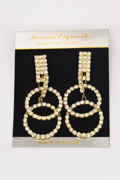 Earrings Rhinestone Circle Drop Post / PC Post , Size - 2.5" x 1" Wide , Black Velvet Earring Card & OPP Bag & UPC Code , Choose Gold Or Silver Finish