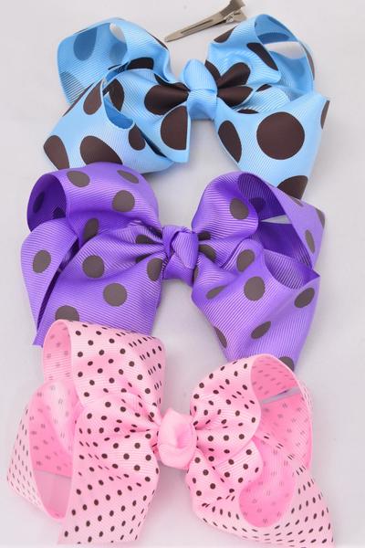 Hair Bow Jumbo Polka dots Pink Blue Lavender Mix Grosgrain Bow-tie / 12 pcs Bow = Dozen  Alligator Clip , Size - 6" x 5" Wide , 4 of each Color Mix , Clip Strip & UPC Code