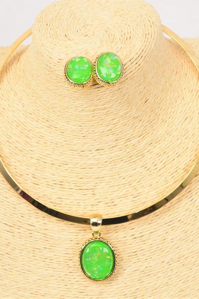 Necklace Sets Gold Choker Green Oval Poly Pendant / Sets Post , Size-16" Wide , Flexible , Display Card & Opp Bag & UPC Code