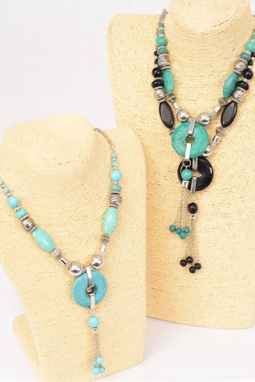 Necklace Antique Silver Chain Real Semiprecious Stones / PC 30" Long , Hang tag & Opp Bag & UPC Code , Choose Colors