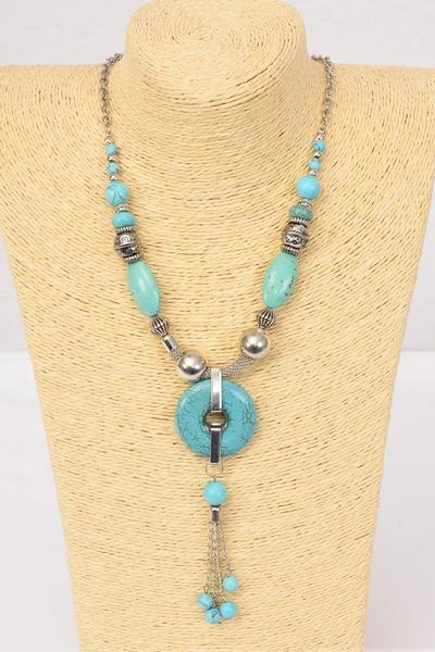 Necklace Antique Silver Chain Real Semiprecious Stones / PC 30" Long , Hang tag & Opp Bag & UPC Code , Choose Colors
