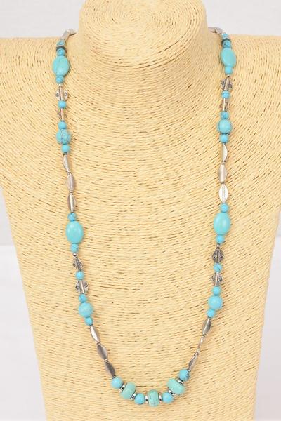 Necklace Silver Turquoise Semiprecious Stones / PC Size - 34" Long , Hang tag & Opp Bag & UPC Code