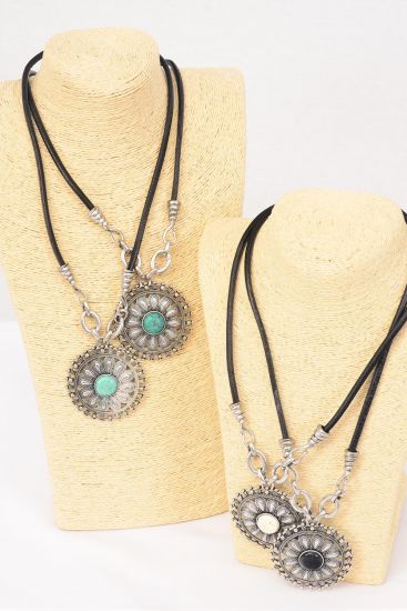 Necklace Thick Black Leather Cord W Semiprecious Stone Pendant / 12 pcs = Dozen 24" w Extension Chain , Pendant Size - 2.5" Wide , Choose Colors , Hang tag & Opp Bag & UPC Code